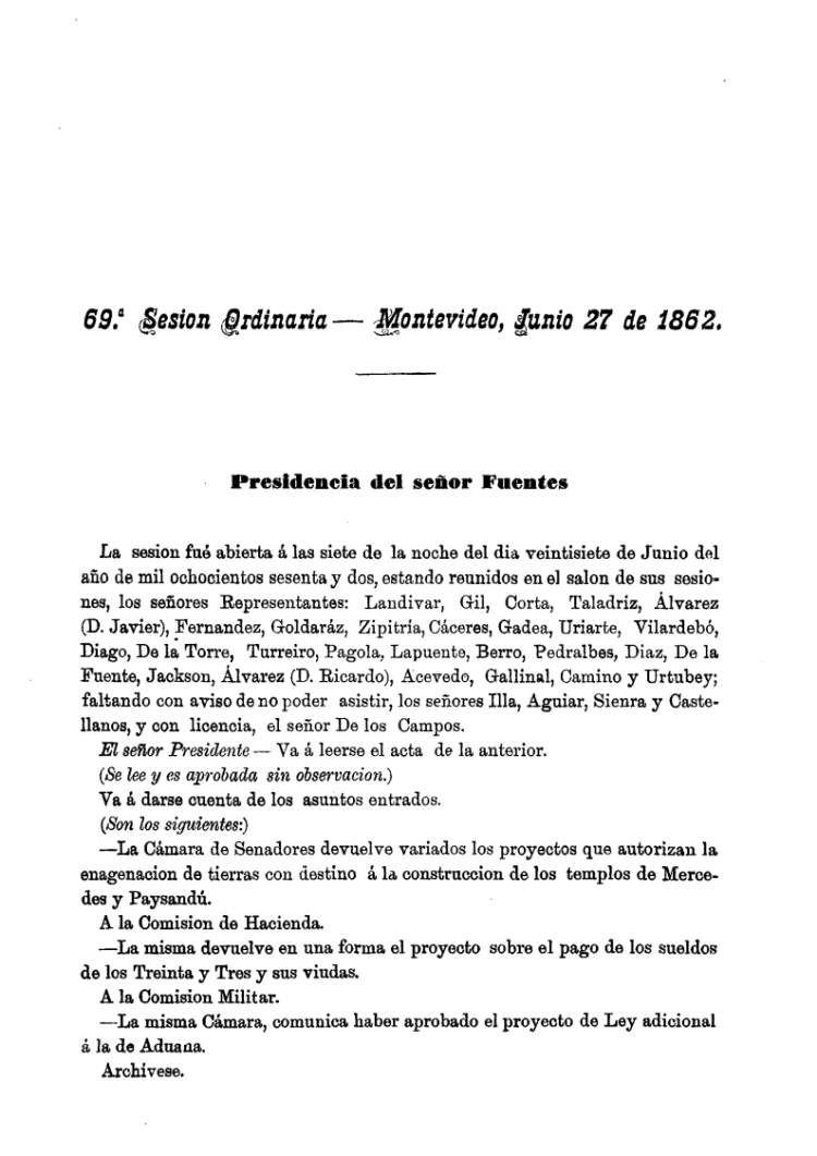 DIARIO DE SESIONES DE LA CAMARA DE REPRESENTANTES del 27/06/1862